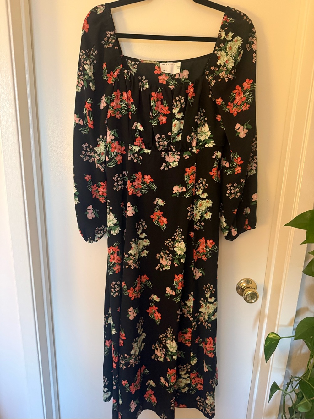 ASOS DESIGN Black Floral Square Neck Midi Dress US 10